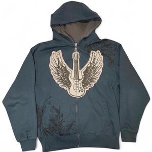 Silver Point Y2K Graphic Zip-Up Hoodie with Winged Guitar and Skull Zipper Pull